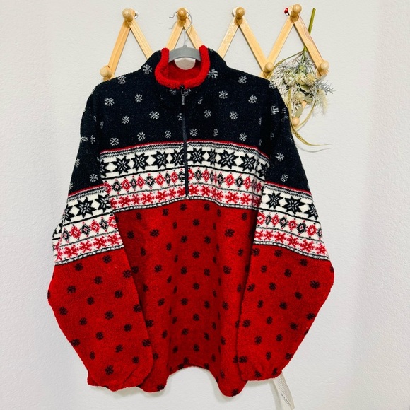 NWT! Hanna Andersson Holiday Snowflake Red Blue Fleece Sherpa Pullover Sz XL - Picture 1 of 6